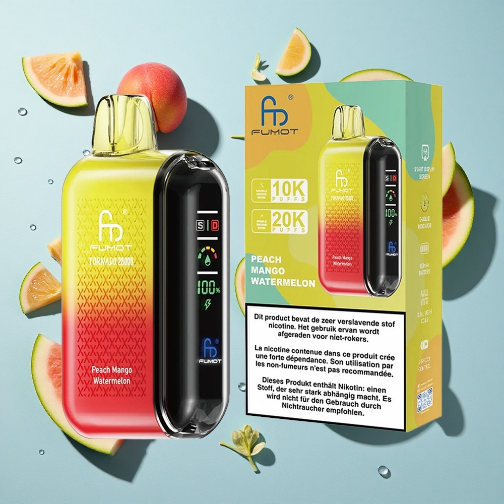 Fumot Tornado 20000 Puffs Peach Mango Watermelon Ireland Vape Wholesale Dual Mesh Coil